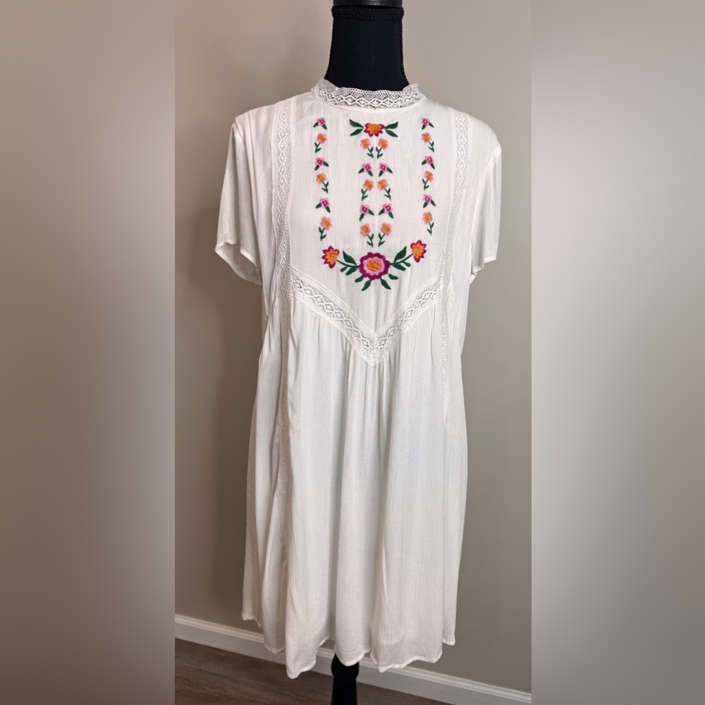 Boho Cottagecore Embroidered Floral Prairie Dress Blue Rain Size Large